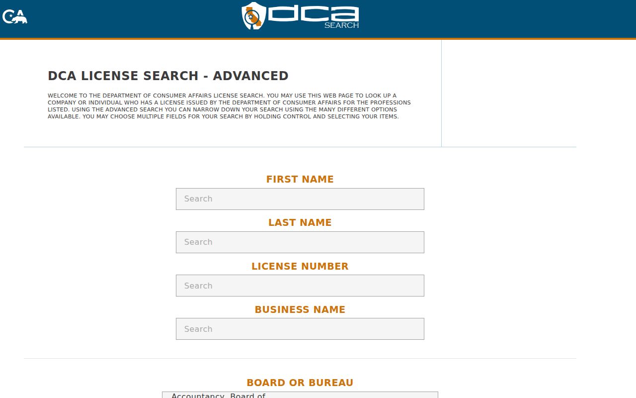 Barstow people directories California DCA license search